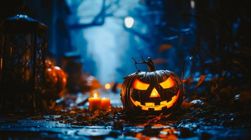 夜の森に灯るジャックランタン、ハロウィンの青い光演出