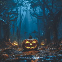 薄暗い森道に浮かぶジャック・オー・ランタンの写真