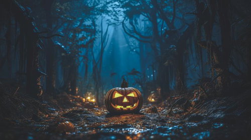 薄暗い森道に浮かぶジャック・オー・ランタン