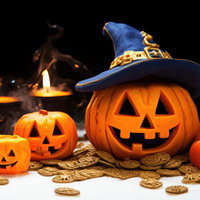 魔法の帽子をかぶるジャック・オー・ランタンの微笑の写真