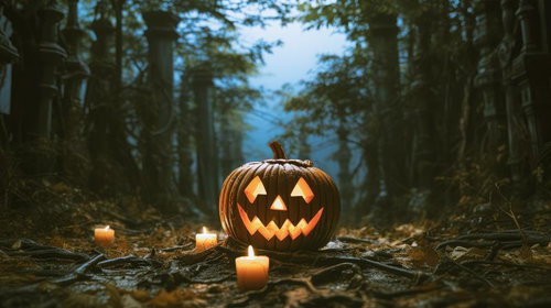 深い森に誘う灯るジャックランタンと蝋燭の夜