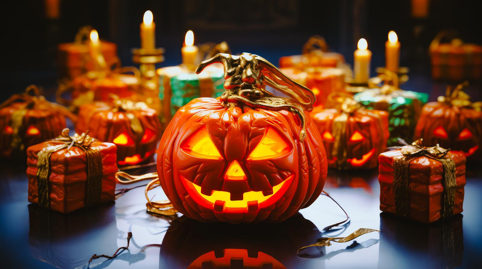 赤く光るジャックランタンと点灯したキャンドル、プレゼント箱が並ぶハロウィーン装飾