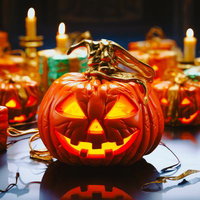 トリックオアトリート ジャックランタンと灯りのハロウィーン夜の写真