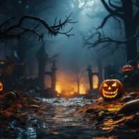 不気味なジャックランタンが並ぶ夜の森の入り口の写真