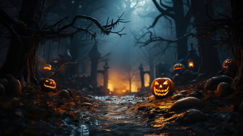 不気味なジャックランタンが並ぶ夜の森の入り口