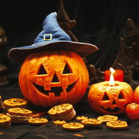ハロウィンカボチャとゴースト、クッキーが揃う魔法の夜の光景のAI画像
