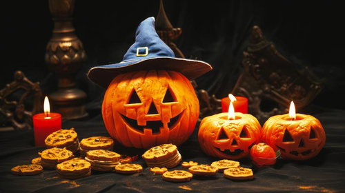 ハロウィンカボチャとゴースト、クッキーが揃う魔法の夜の光景