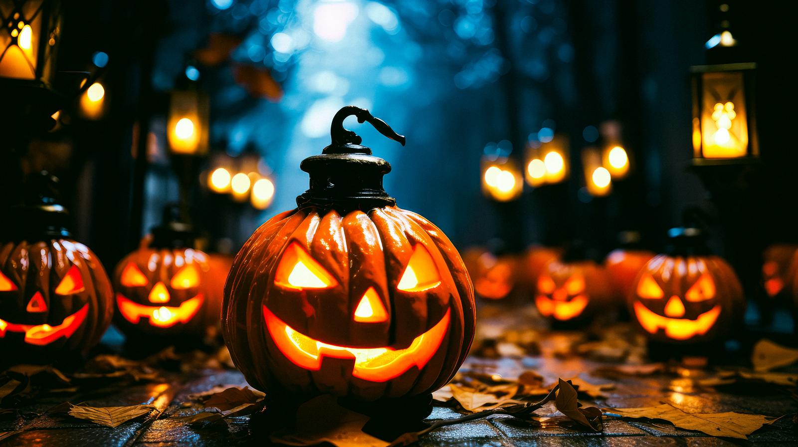 オレンジ色に光るジャック・オー・ランタンが石畳に並ぶ夜のハロウィン風景