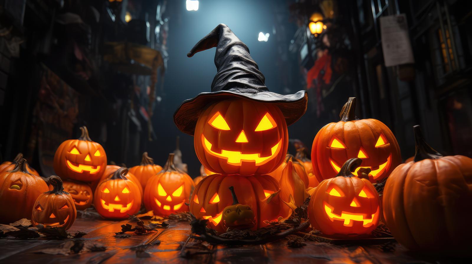 魔法使いの帽子をかぶった光るかぼちゃとジャックランタンが並ぶハロウィンの画像