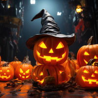 魔法使いの帽子をかぶった光るかぼちゃの群れの写真