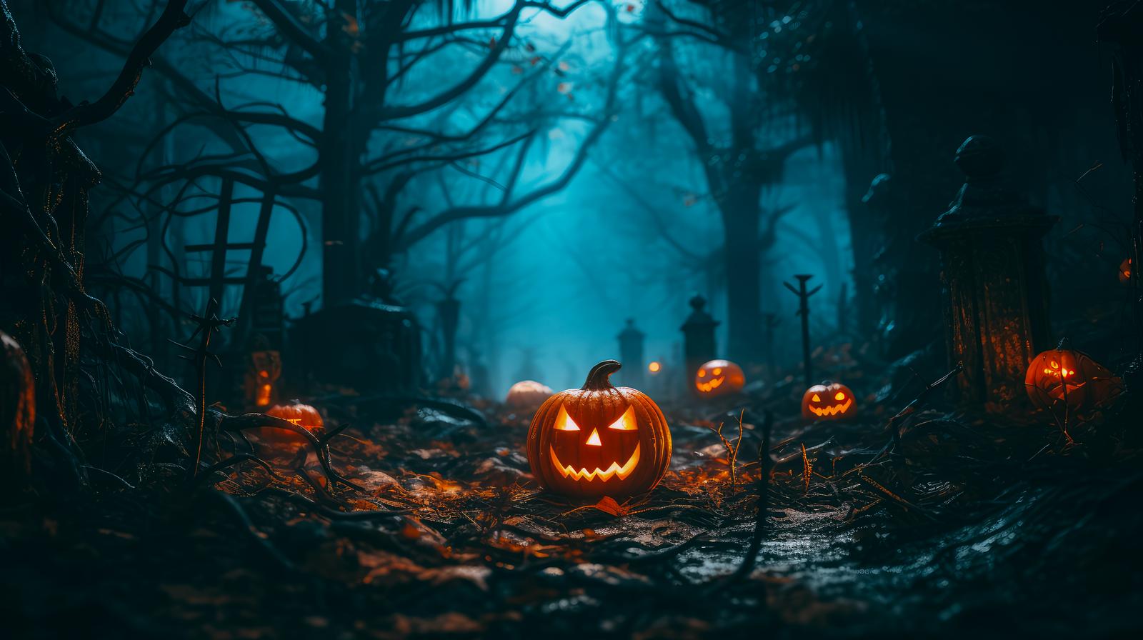 森の中で光るジャックランタンと奥に見える墓地のハロウィン風画像