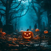 森の墓地を占拠する複数のジャックランタンのハロウィン風ライトアップの写真
