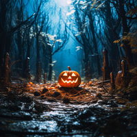 樹海の奥底で光るジャックランタンのハロウィンの儀式の写真
