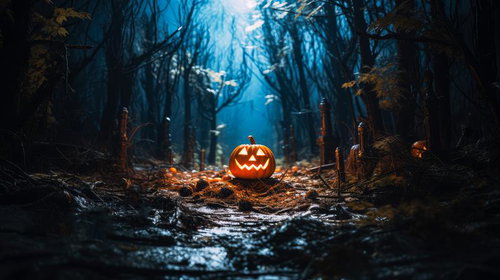 樹海の奥底で光るジャックランタンのハロウィンの儀式