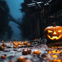 暗い夜道に灯るジャックランタンのハロウィン風景の写真