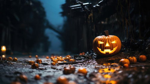 暗い夜道に灯るジャックランタンのハロウィン風景