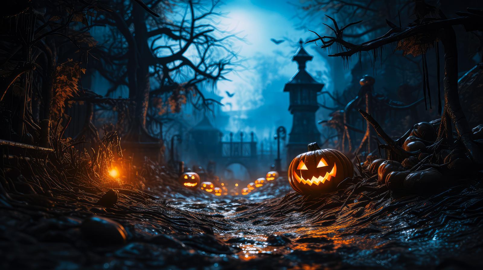 古城の前の暗い道路にジャックランタンが並ぶハロウィン風景