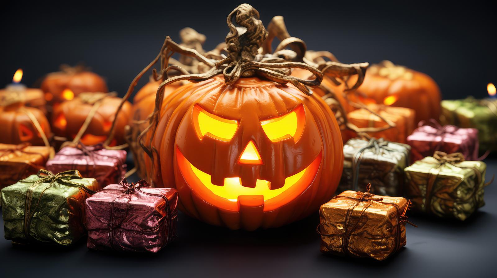 光が灯るジャックランタンの周囲に色とりどりのプレゼントボックスが並ぶハロウィン装飾