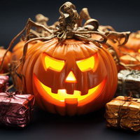 ハロウィンの夜に輝くジャックランタンとカラフルなプレゼントボックスの写真