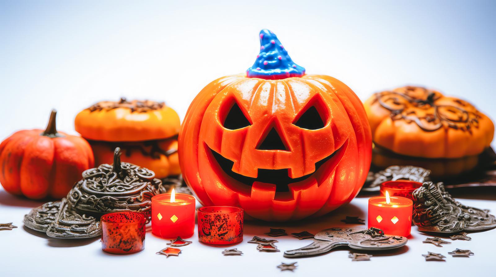 青い帽子をかぶったジャックランタンとキャンドルやかぼちゃで飾られたハロウィンデコレーション