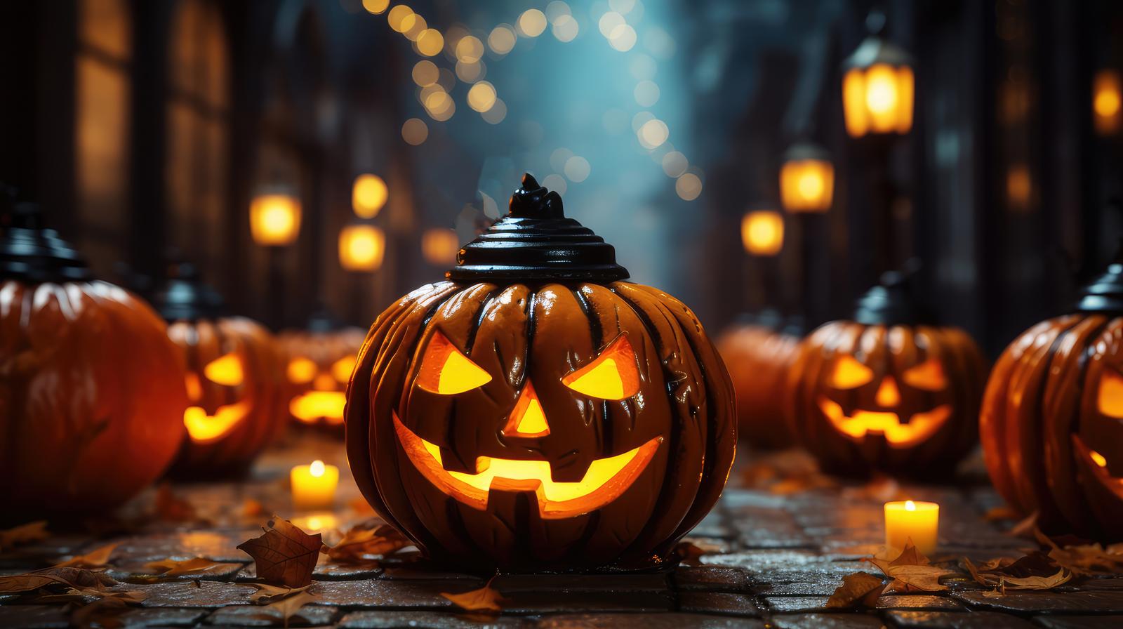 光るジャックランタンと街灯が輝くハロウィンの夜間風景