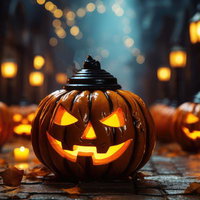 街を徘徊する光るジャックランタンのライトアップの写真