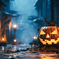 夜道に佇むジャックランタン、お化け屋敷のハロウィンの写真