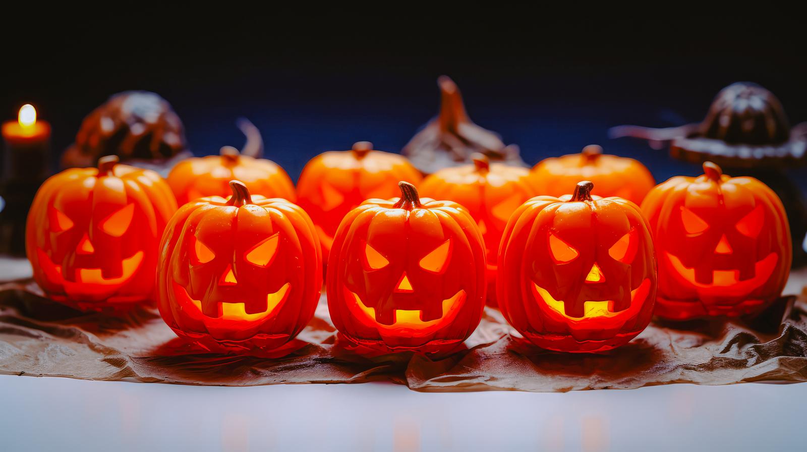 赤く発光するジャックランタンとゴースト風装飾が並ぶハロウィーンの夜の風景