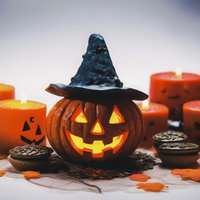 魔女の帽子をかぶったジャックランタンと炎のろうそくの写真