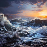 夕暮れに荒れ狂う大海原と高波が押し寄せる雄大な自然風景の写真