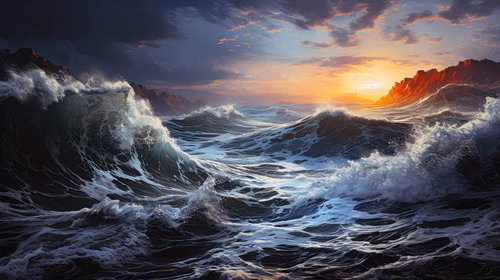 夕暮れに荒れ狂う大海原と高波が押し寄せる雄大な自然風景