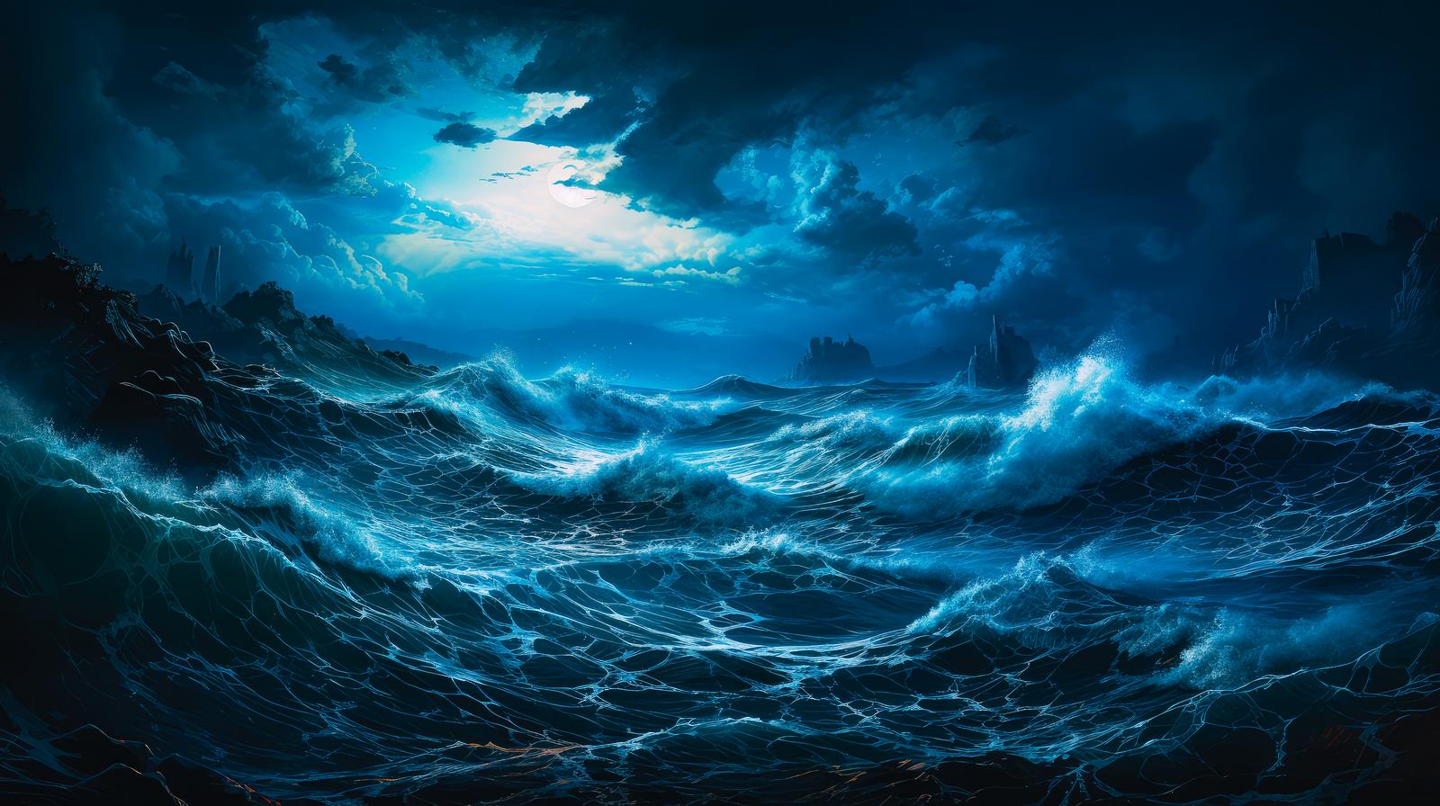 月夜の大海原で白く光る高波が立ち上がる波浪の画像