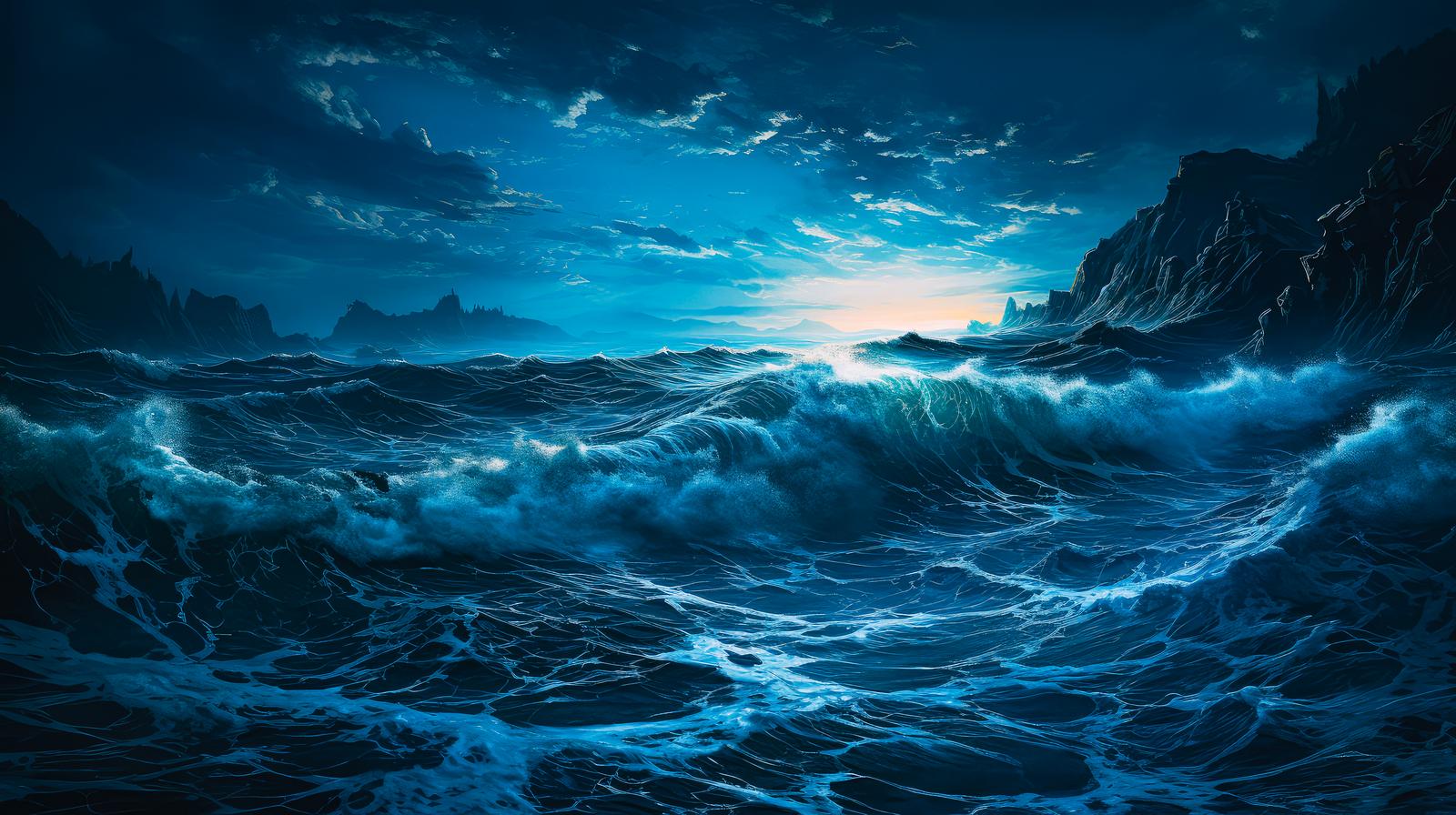 月明かりに照らされた夜の海で、断崖に挟まれながら白く砕ける高波が打ち寄せる光景