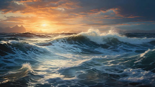 夜明けに打ち寄せる荒波・朝日に照らされた高波と白波