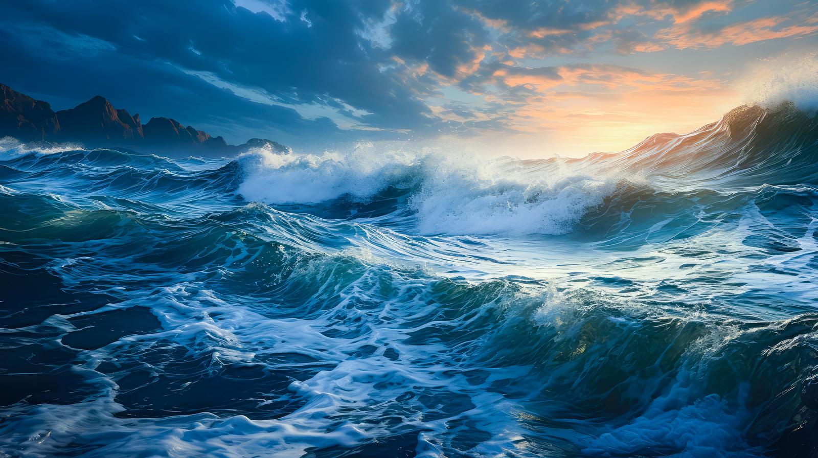 夕焼け空と白い波頭が立つ高波が押し寄せる大海原