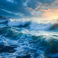 夕暮れと高波が打ち寄せる大海原、岩山のシルエットの写真