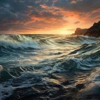 夕焼け空を背に打ち寄せる荒波と岩礁、白く泡立つ高波が激しく衝突する風景の写真