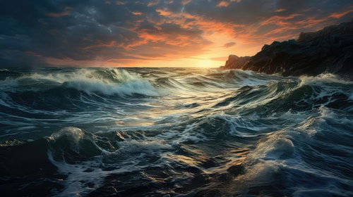 夕焼け空を背に打ち寄せる荒波と岩礁、白く泡立つ高波が激しく衝突する風景