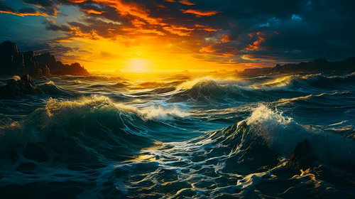 黄昏時の荒波と夕陽が織りなす劇的な海の風景