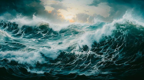 押し寄せる高波と荒れ狂う大海原、台風による波浪と白いしぶき