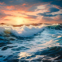 大しけの中の夕焼けに照らされた穏やかな波の写真