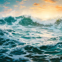 太陽の光を反射する高波と夕焼け空、白く泡立つ波打ち際の海景の写真