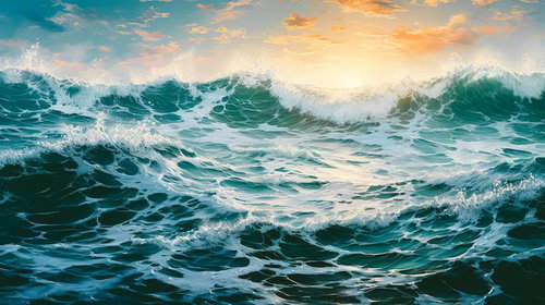 太陽の光を反射する高波と夕焼け空、白く泡立つ波打ち際の海景