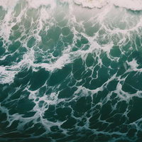 白い泡と波紋が立つ深緑色の海面の写真