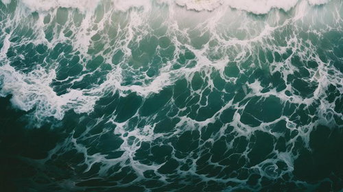 白い泡と波紋が立つ深緑色の海面