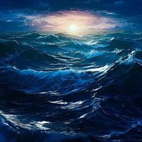 日没の海に立つ大波と夕陽の光が輝く波浪風景の写真