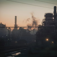 朝焼けに染まる廃工場群と光化学スモッグによる大気汚染の写真