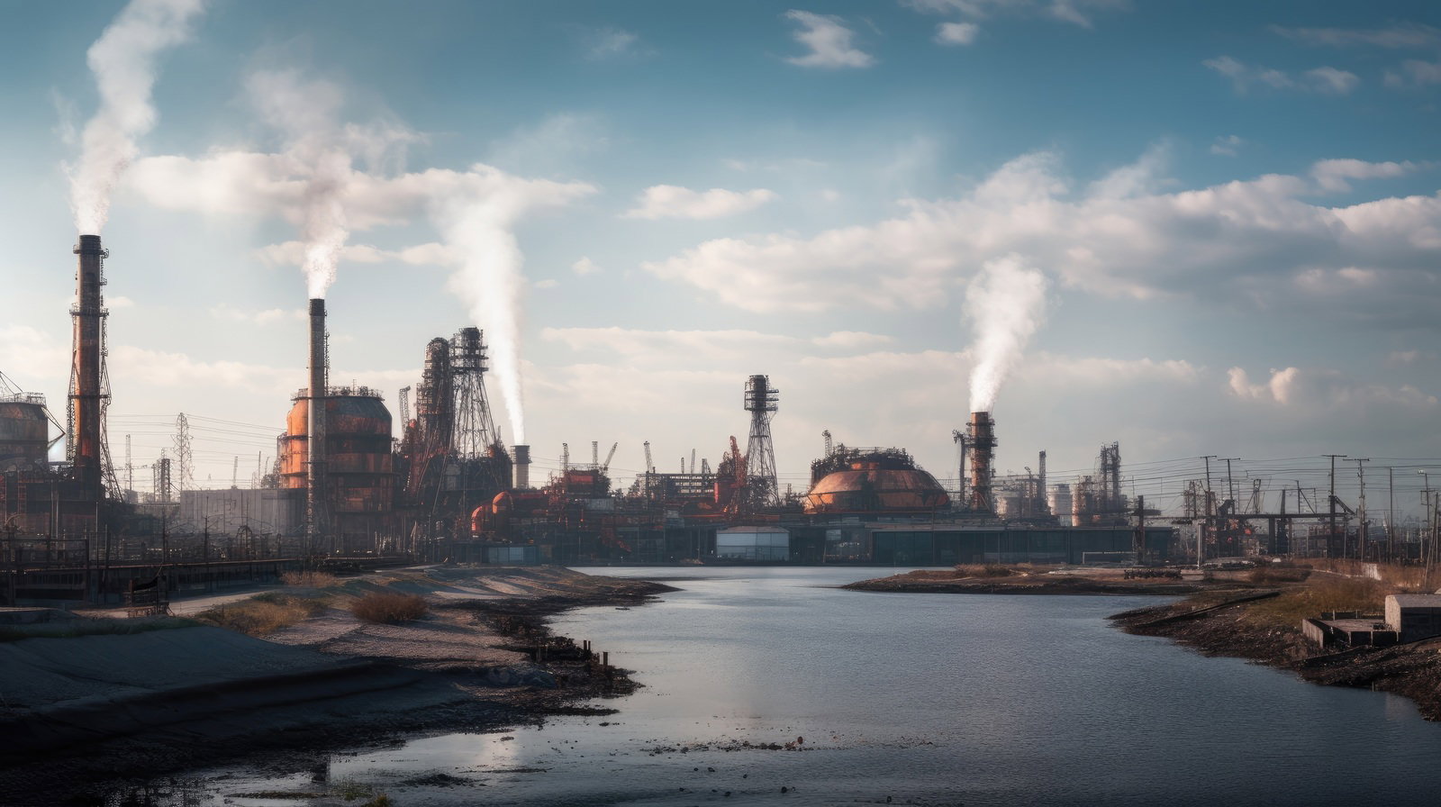 工業地帯で複数の煙突から排気が立ち上り、手前に水が滞留している風景