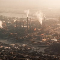 光化学スモッグで大気汚染が進む工業地帯の煙突群の写真