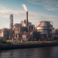 河沿いに立つ錆びた廃工場から立ち上る煙と産業汚染の写真